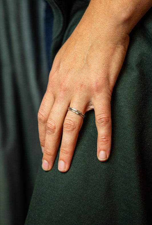 closeup of a hand resting on a leg with two silver rings on their ring finger.